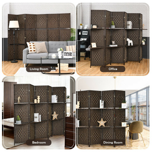 6 Panel Folding Weave Fiber Room Divider with 2 Display Shelves -Black - Set Shop and Smile