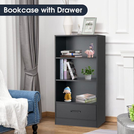 4-Tier Storage Bookcase with Open Shelves Drawer and Anti-toppling Device-Natural - Set Shop and Smile