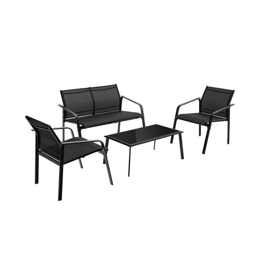 4 Pieces Patio Furniture Set with Armrest Loveseat Sofas and Glass Table Deck-Black - Set Shop and Smile