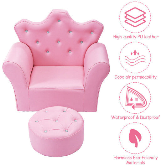Children Upholstered Princess Sofa with Ottoman and Diamond Decoration for Boys and Girls-White - Set Shop and Smile
