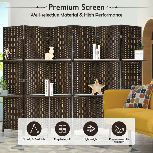 6 Panel Folding Weave Fiber Room Divider with 2 Display Shelves -Black - Set Shop and Smile