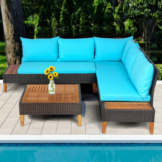 4 Pieces Patio Cushioned Rattan Furniture Set with Wooden Side Table-Navy - Set Shop and Smile