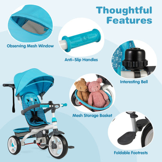 4-in-1 Detachable Baby Stroller Tricycle with Round Canopy -Blue - Set Shop and Smile