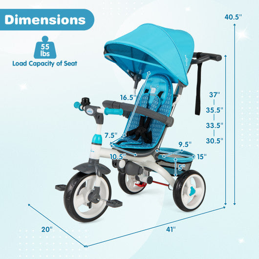4-in-1 Detachable Baby Stroller Tricycle with Round Canopy -Blue - Set Shop and Smile