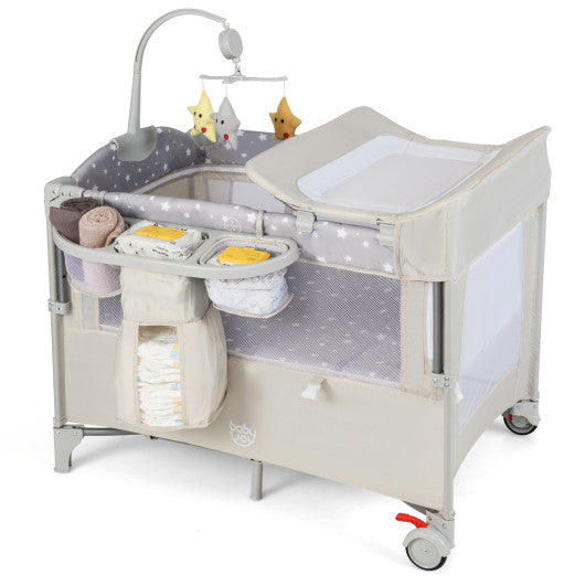 5-in-1  Portable Baby Beside Sleeper Bassinet Crib Playard with Diaper Changer-Beige