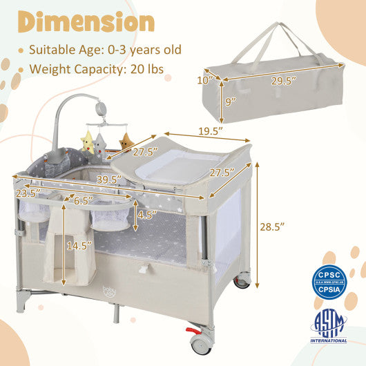 5-in-1  Portable Baby Beside Sleeper Bassinet Crib Playard with Diaper Changer-Beige