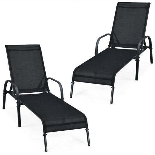 2 Pcs Outdoor Patio Lounge Chair Chaise Fabric with Adjustable Reclining Armrest-Brown - Set Shop and Smile
