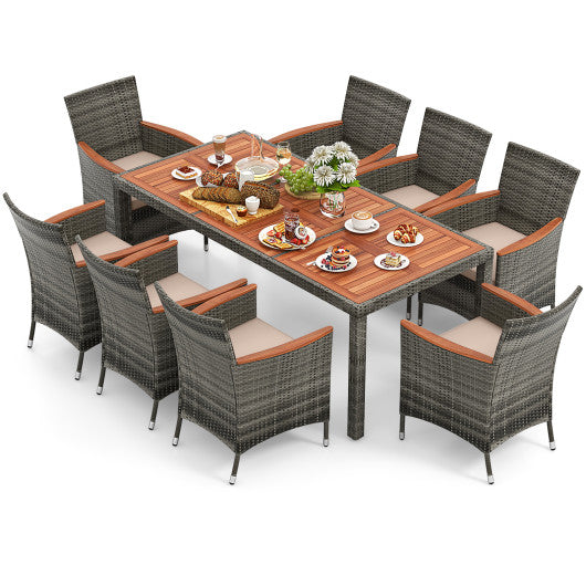 9 Pieces Rattan Patio Dining Set with Acacia Wood Table and Cushioned Chair - Set Shop and Smile
