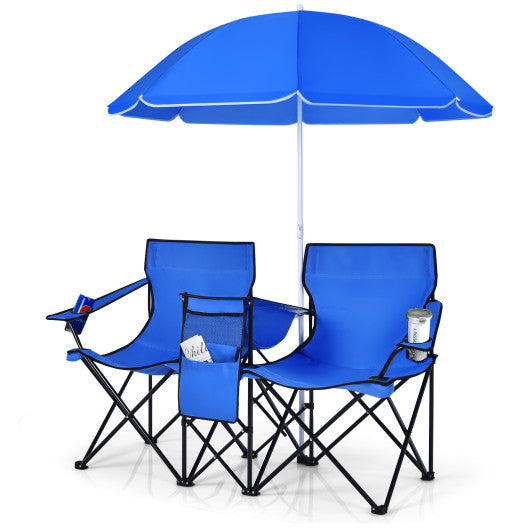 Portable Folding Picnic Double Chair With Umbrella-Black - Set Shop and Smile