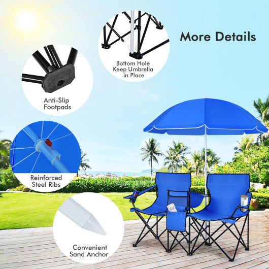 Portable Folding Picnic Double Chair With Umbrella-Black - Set Shop and Smile