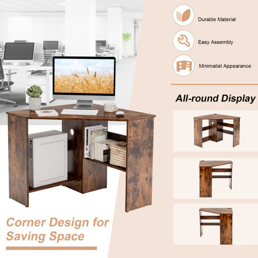 Corner Computer Desk Triangle Writing Workstation with Storage Shelf-Rustic Brown - Set Shop and Smile