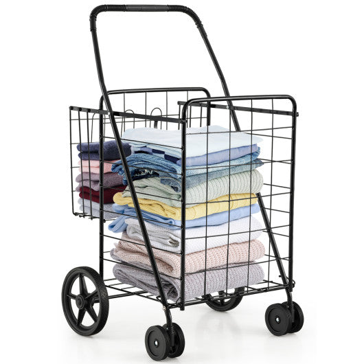Folding Shopping Cart for Laundry with Swiveling Wheels and Dual Storage Baskets-Black - Set Shop and Smile