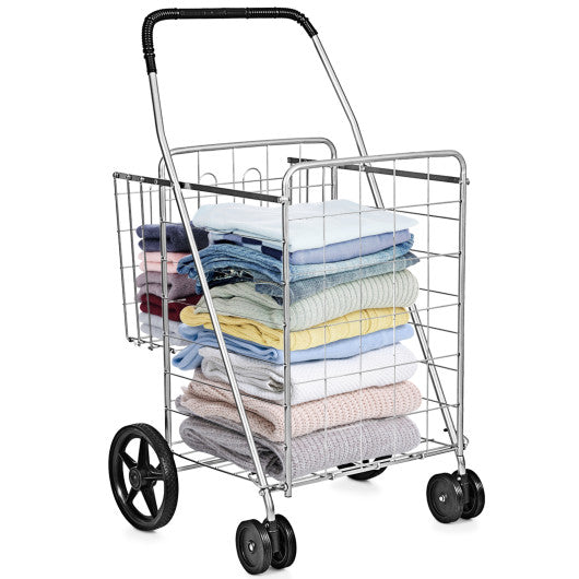 Folding Shopping Cart for Laundry with Swiveling Wheels and Dual Storage Baskets-Sliver - Set Shop and Smile