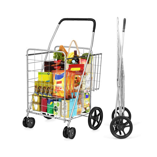 Folding Shopping Cart for Laundry with Swiveling Wheels and Dual Storage Baskets-Sliver - Set Shop and Smile