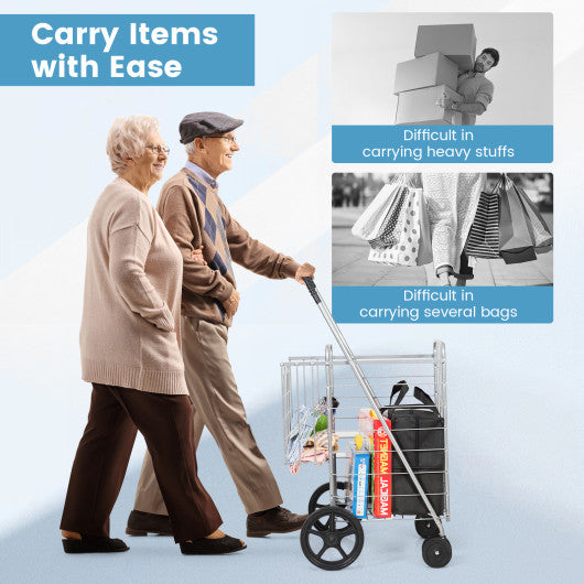 Folding Shopping Cart for Laundry with Swiveling Wheels and Dual Storage Baskets-Sliver - Set Shop and Smile