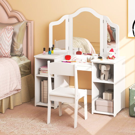 Kids Vanity Table and Chair Set with Removable Tri-Folding Mirror-Pink - Set Shop and Smile
