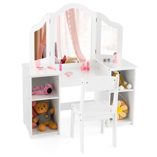 Kids Vanity Table and Chair Set with Removable Tri-Folding Mirror-Pink - Set Shop and Smile