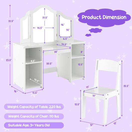 Kids Vanity Table and Chair Set with Removable Tri-Folding Mirror-Pink - Set Shop and Smile