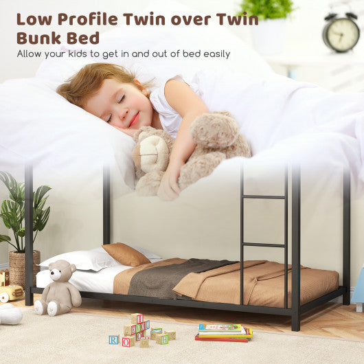 Low Profile Twin Over Twin Metal Bunk Bed with Full-length Guardrails-Black - Set Shop and Smile