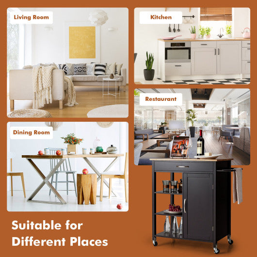 Mobile Kitchen Island Cart with Rubber Wood Top-Black
