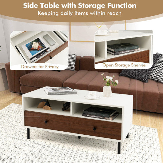 2 Tier 40 Inch Length Modern Rectangle Coffee Table with Storage Shelf and Drawers-White - Set Shop and Smile
