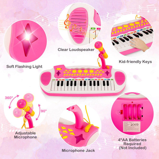 31-Key Kids Piano Keyboard Toy with Microphone and Multiple Sounds for Age 3+-Pink - Set Shop and Smile