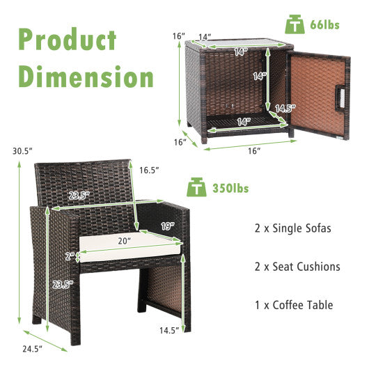 3 Pieces Patio Wicker Furniture Set with Storage Table and Protective Cover-Gray - Set Shop and Smile