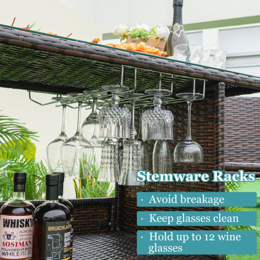 3 Pieces Outdoor Wicker Bar Set with 3 Rows Stemware Racks - Set Shop and Smile
