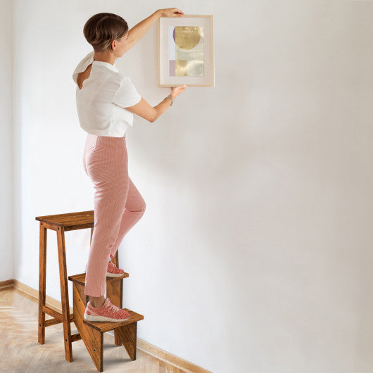 3-in-1 Rubber Wood 3 Tier Folding Step Stool Ladder Storage Shelf-Coffee