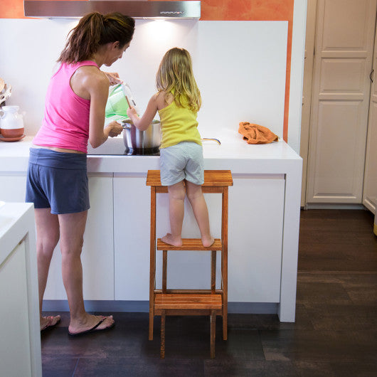 3-in-1 Rubber Wood 3 Tier Folding Step Stool Ladder Storage Shelf-Coffee