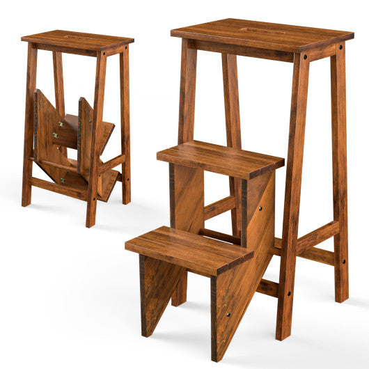 3-in-1 Rubber Wood 3 Tier Folding Step Stool Ladder Storage Shelf-Coffee