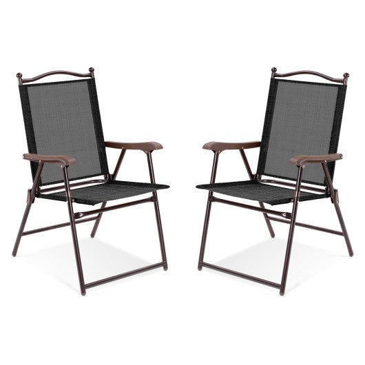 Set of 2 Patio Folding Sling Back Camping Deck Chairs-Brown