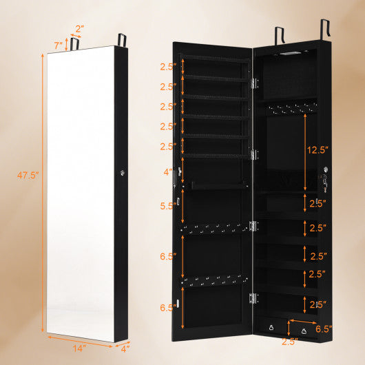 Wall and Door Mounted Mirrored Jewelry Cabinet with Lights-Black