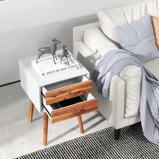 Wooden Nightstand Mid-Century End Side Table with 2 Storage Drawers-Brown - Set Shop and Smile