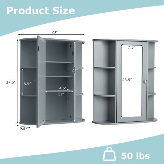 Bathroom Single Door Shelves Wall Mount Cabinet with Mirror-Gray