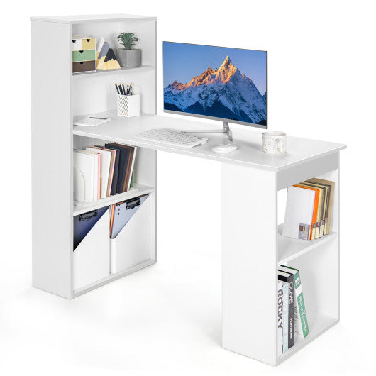 Computer Desk Writing Workstation Office with 6-Tier Storage Shelves-White - Set Shop and Smile