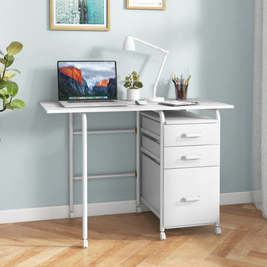 Home Office Folding Computer Laptop Desk Wheeled with 3 Drawers-White - Set Shop and Smile