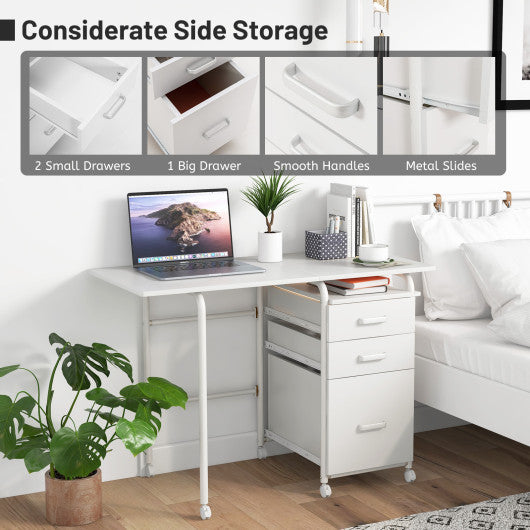 Home Office Folding Computer Laptop Desk Wheeled with 3 Drawers-White - Set Shop and Smile