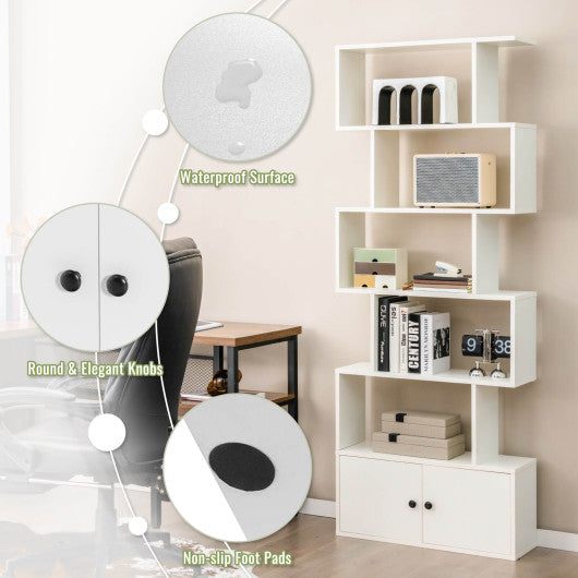 6-Tier S-Shaped Freestanding Bookshelf with Cabinet and Doors-Coffee - Set Shop and Smile