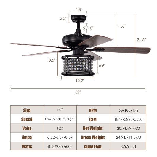 52 Inch 3-Speed Crystal Ceiling Fan Light with Remote Control-Black - Set Shop and Smile