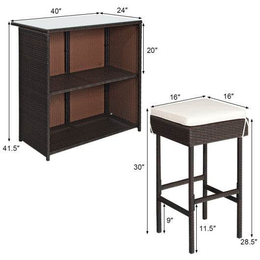 3 Pieces Patio Rattan Wicker Bar Table Stools Dining Set-Gray & Off White - Set Shop and Smile