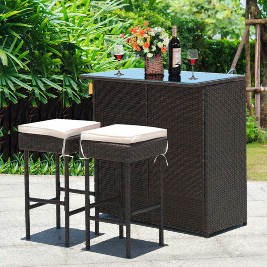 3 Pieces Patio Rattan Wicker Bar Table Stools Dining Set-Gray & Off White - Set Shop and Smile
