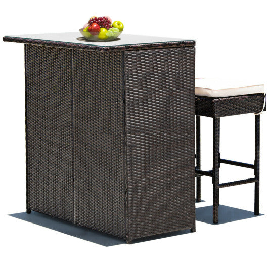 3 Pieces Patio Rattan Wicker Bar Table Stools Dining Set-Gray & Off White - Set Shop and Smile