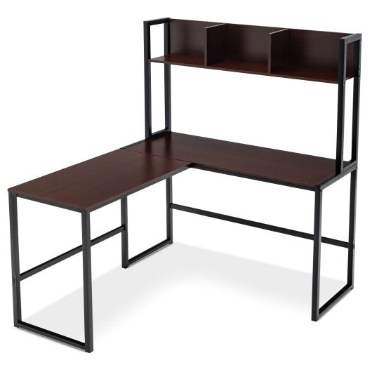Reversible L-Shaped Corner Desk with Storage Bookshelf-Dark Brown - Set Shop and Smile