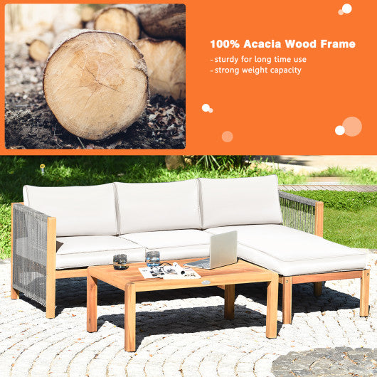 3 Pieces Patio Acacia Wood Sofa Furniture Set with Nylon Rope Armrest-White - Set Shop and Smile