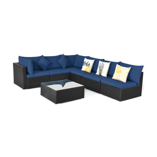 7-Piece Outdoor Sectional Wicker Patio Sofa Set with Tempered Glass Top-Navy - Set Shop and Smile
