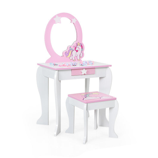 Kids Wooden Makeup Dressing Table and Chair Set with Mirror and Drawer-White - Set Shop and Smile