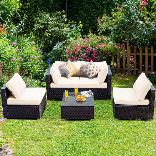 5 Pieces Cushioned Patio Rattan Furniture Set with Glass Table-Black - Set Shop and Smile