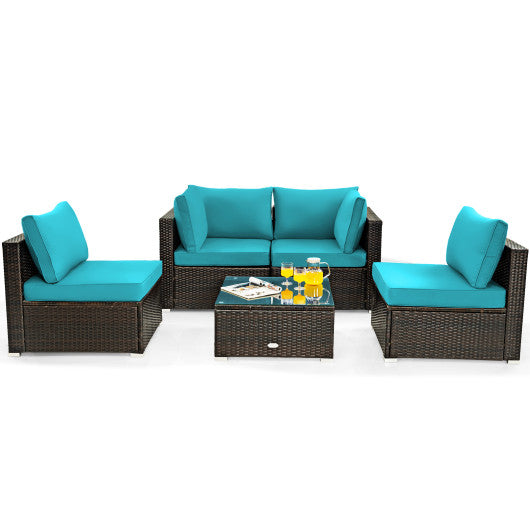 5 Pieces Cushioned Patio Rattan Furniture Set with Glass Table-Turquoise - Set Shop and Smile