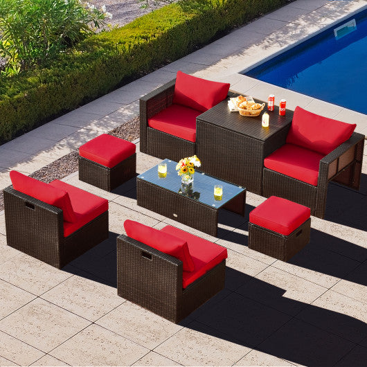 8 Pieces Patio Space-Saving Rattan Furniture Set with Storage Box and Waterproof Cover-Red - Set Shop and Smile